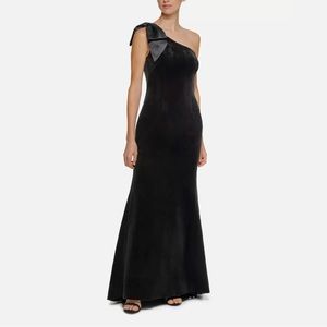 Brand New Eliza J Formal Black Lux Suede One Shoulder Bow Accent Gown